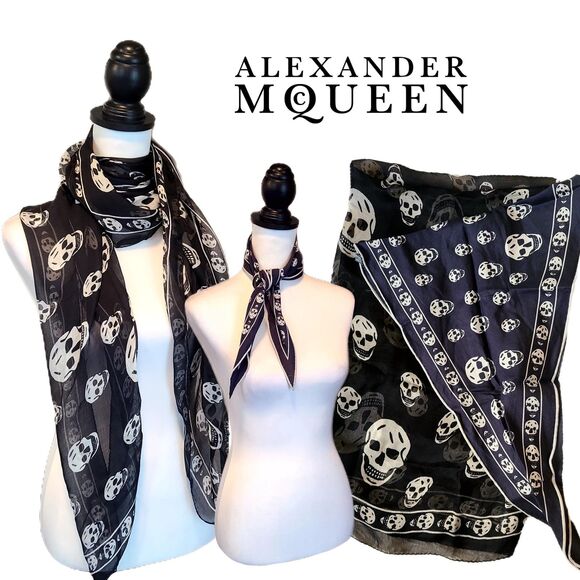 Alexander McQueen Accessories - Alexander McQueen | Two Piece Skull Silk Scarf Set: Large Black & Small Blue